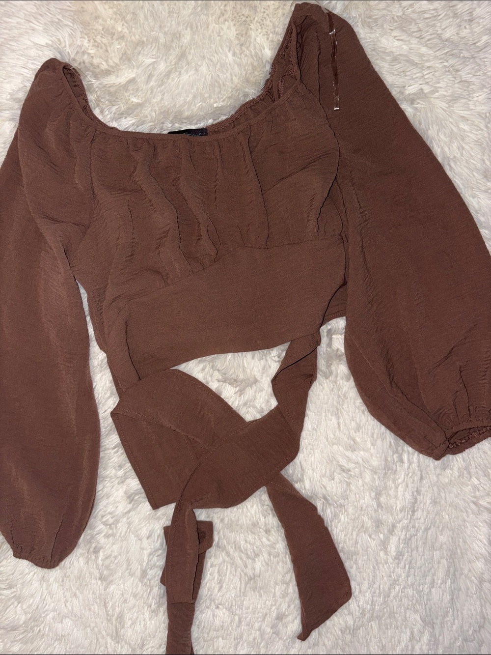 Brown Puff-Sleeve Tie-Back Crop Top